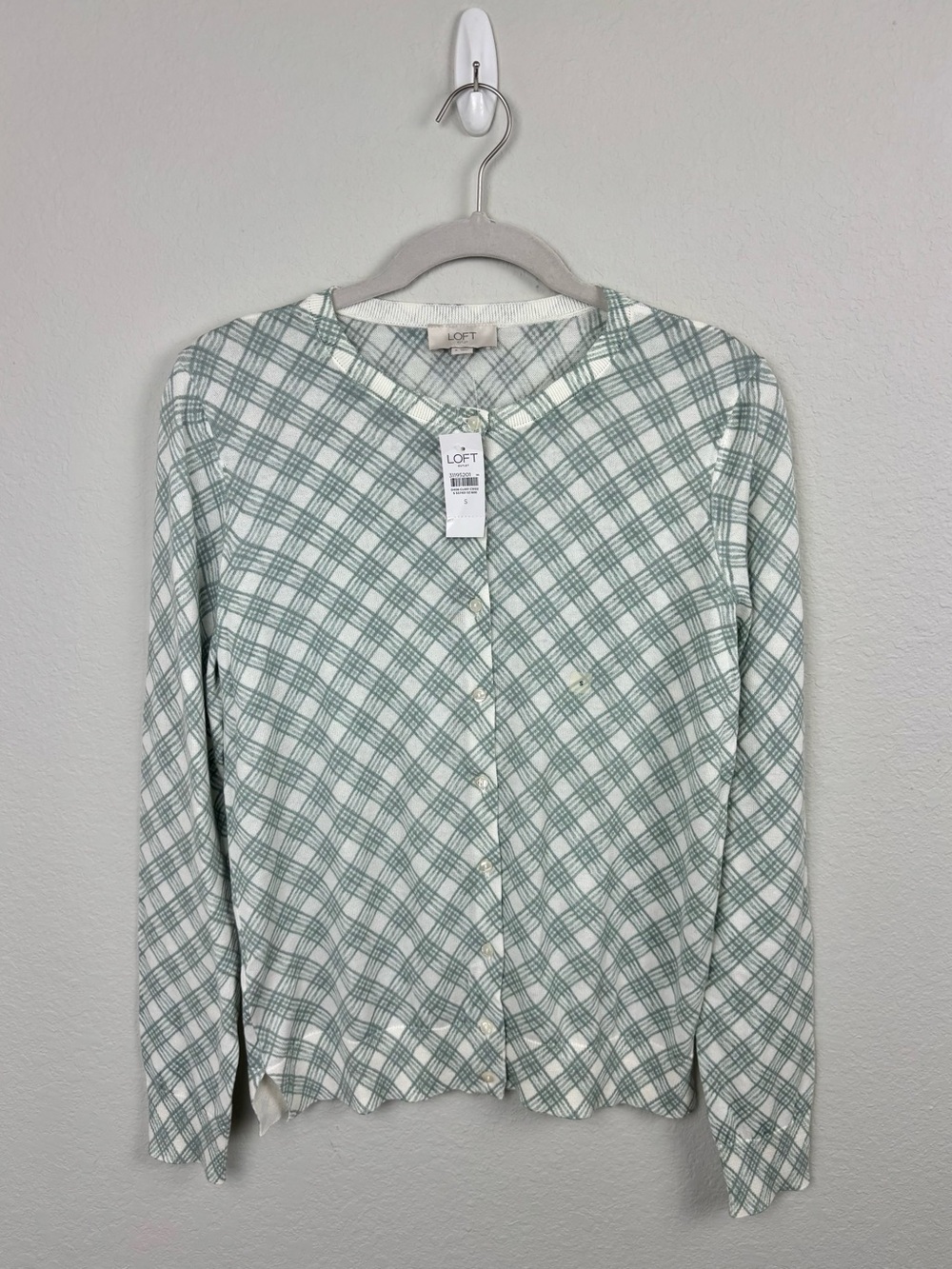 LOFT 100% Cotton Sage Green & Ivory Plaid Crew Neck Cardigan Size S Preppy